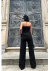 Siyah Straplez Düğmeli Crop Ve Pantolon Takım