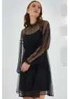 Siyah Tül Detaylı Mini Elbise 2485