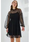 Siyah Tül Detaylı Mini Elbise 2485