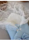 Omarı Parlak Mavi Yenidoğan Fiyonk Kundak Battaniyesi