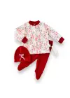 Omarı Çiçek Desenli Kız Bebek Patikli 3lü Takım Kırmızı