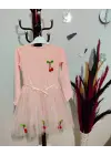 Omarı Çocuk Tütü Elbise - Kiraz Desenli, Uzun Kollu, Astarlı