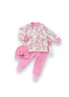 Omarı Pembe Çiçek Desenli Kız Bebek Patikli 3lü Takım