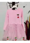 Omarı Çocuk Tütü Elbise - Kiraz Desenli Astarlı Uzun Kollu Pembe