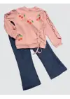 Omarı Kot Pantolonlu Kiraz Desenli Penye Sweat Kız Çocuk Takımı