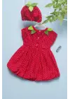 Omarı Çilek Desenli Bebek Elbisesi Kırmızı