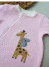 Omarı Hayvan Nakışlı Fermuarlı Bal Peteği Kız Bebek Tulumu Pembe
