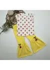 Omarı Sevimli Kiraz Desenli Kız Çocuk Tişört Takımı Sarı