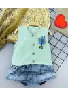 Omarı Çiçek Detaylı Kot Kilotlu Etek Kız Bebek Elbisesi Yeşil