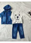 Omarı Kapşonlu Uzun Kol Erkek Bebek 3lü Kot Takımı Mavi