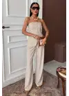 Omarı Çizgili Straplez Takım Pantolon - Şık ve Rahat