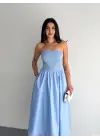 Straplez Pileli Elbise - Açık Mavi