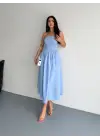 Straplez Pileli Elbise - Açık Mavi