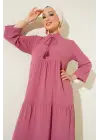 T1627 Yaka Bağcıklı Elbise - A. Pembe