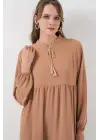 T1627 Yaka Bağcıklı Elbise - D.Vizon
