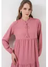 T1627 Yaka Bağcıklı Elbise - Gül Kurusu