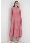 T1627 Yaka Bağcıklı Elbise - Gül Kurusu