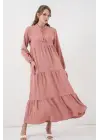 T1627 Yaka Bağcıklı Elbise - Pudra