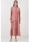 T1627 Yaka Bağcıklı Elbise - Pudra