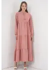 T1627 Yaka Bağcıklı Elbise - Pudra