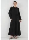 T1627 Yaka Bağcıklı Elbise - Siyah
