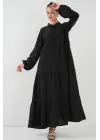 T1627 Yaka Bağcıklı Elbise - Siyah