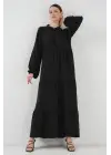 T1627 Yaka Bağcıklı Elbise - Siyah