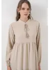 T1627 Yaka Bağcıklı Elbise - Taş