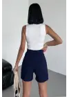 Omarı Esnek Likralı Yüksek Bel Krep Şort - Lacivert Renk Seçeneği