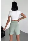 Omarı Esnek Yüksek Bel Krep Şort - Su Yeşili
