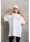 Omarı Taş Desenli Oversize T-Shirt - Beyaz