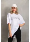 Omarı Taş Desenli Oversize T-Shirt - Beyaz