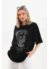 Omarı Taş Desenli Oversize T-Shirt - Siyah