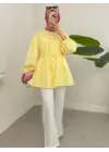Taşlı Düğmeli Kolu Lastikli Bağlama Detaylı Gömlek -Sarı