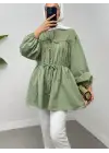 Taşlı Düğmeli Kolu Lastikli Bağlama Detaylı Gömlek -Su Yeşili