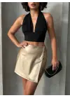 Taşlı şort etek deri gold h240018