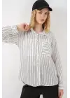 Tek Cepli Çizgili Oversize Gömlek 20375 - Beyaz