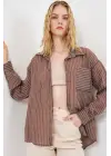 Tek Cepli Çizgili Oversize Gömlek 20375 - Kahverengi