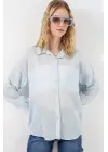 Tek Cepli Çizgili Oversize Gömlek 20375 - Mavi