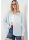 Tek Cepli Çizgili Oversize Gömlek 20375 - Mavi