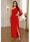 Tek Omuz Açık Derin Yırtmaçlı Krep Tam Boy Elbise
