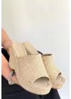 Tlay Bej Hasır Dokumalı Dolgu Topuk Terlik