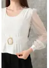 Tokalı tül kollu bluz beyaz t4071