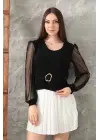 Tokalı tül kollu bluz siyah t4071