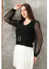 Tokalı tül kollu bluz siyah t4071