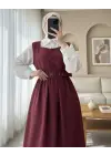 Top Düğmeli Altı Fırfırlı Beli Kemerli  Jile Elbise -Bordo