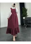 Top Düğmeli Altı Fırfırlı Beli Kemerli  Jile Elbise -Bordo
