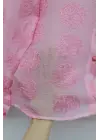 Top Düğmeli Yakası Dantelli Desenli Jakar Gömlek -Pembe