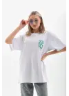 Omarı Beyaz Oversize Baskılı T-Shirt