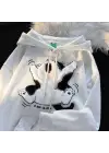 Omarı Oversize Peluş Baskılı Beyaz Sweatshirt